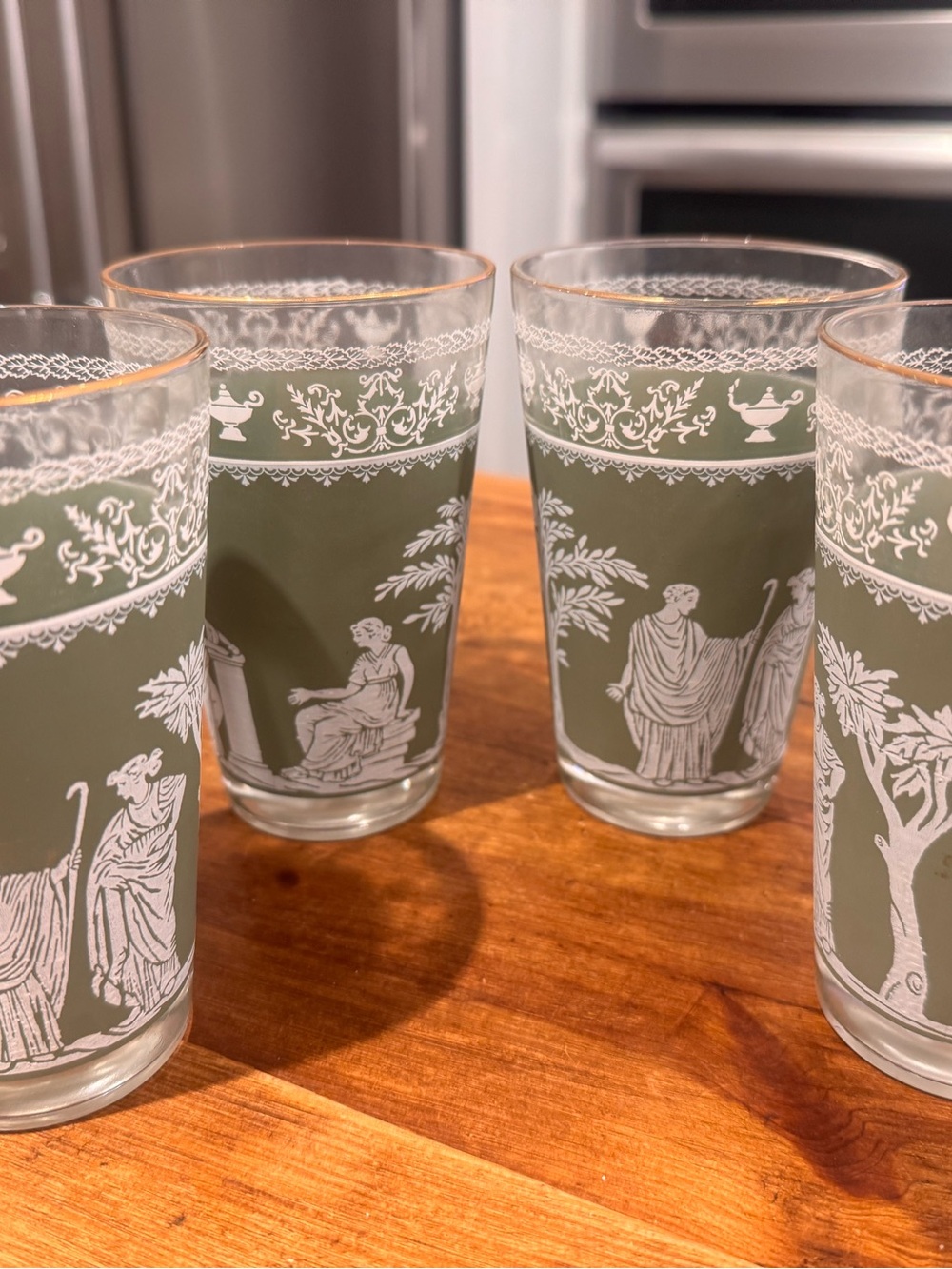 Classic Jeanette Jasperware Olive Green Greek Motif Drinking Glasses - Set of 4